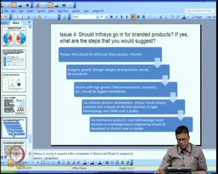 (Refer Slide Time: 52:42) Should Infosys go in for branded products? Only one branded product is there of Infosys, that is Finacle. So, it may be better; so, what do they say?