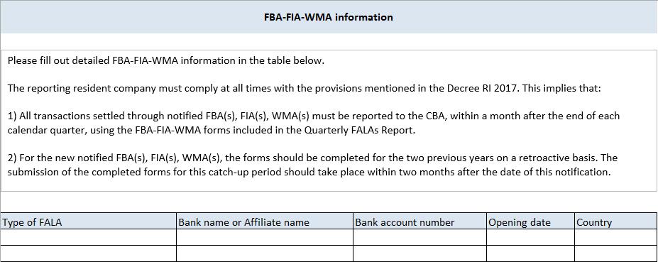 2.2 FBA-FIA-WMA information Complete the table below as part of the Notification form-falas by filling out more information on the FBA-FIA-WMA such as Type of FALA, Name of the foreign bank and/or