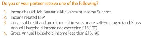 Receive universal credit, and are not in work; or is in work/self employed and on a total annual income of less than 16,190 AND one of the following: - Is in receipt of the limited capability for