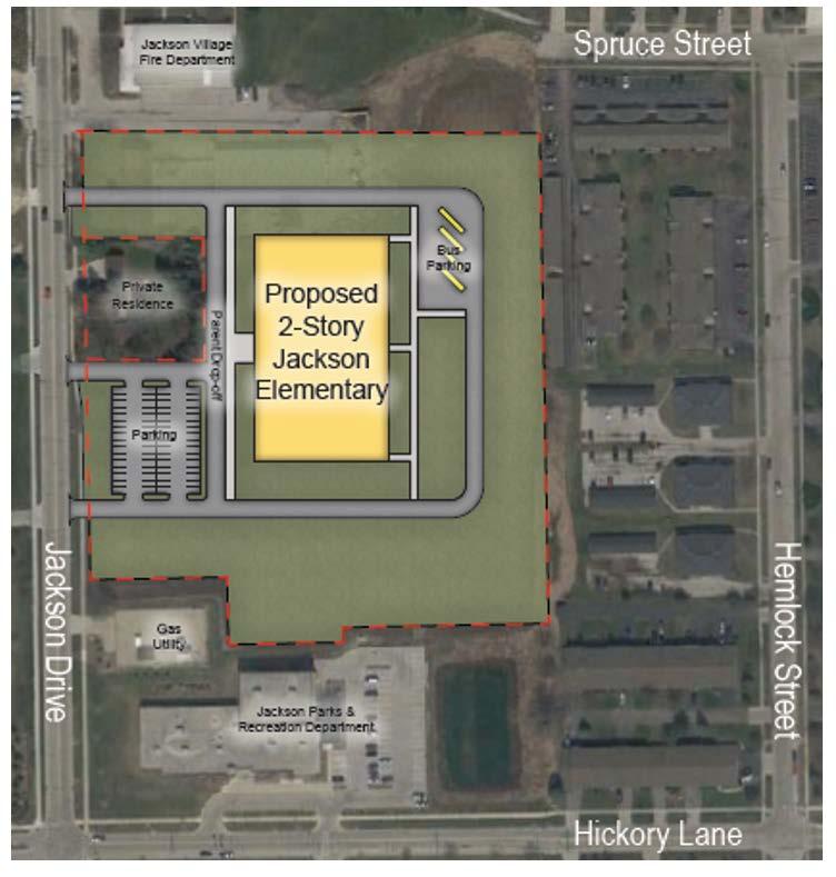 Option 1: Build a new school The image in the right is preliminary and identifies a potential building location and traffic circulation.
