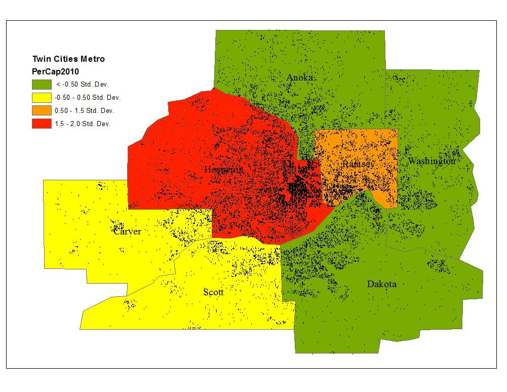 Business Filings Per Capita New Business Formation 2010 Twin Cities Planning Region The coloration of the maps reflects deviations in new business formation per capita from the planning area average
