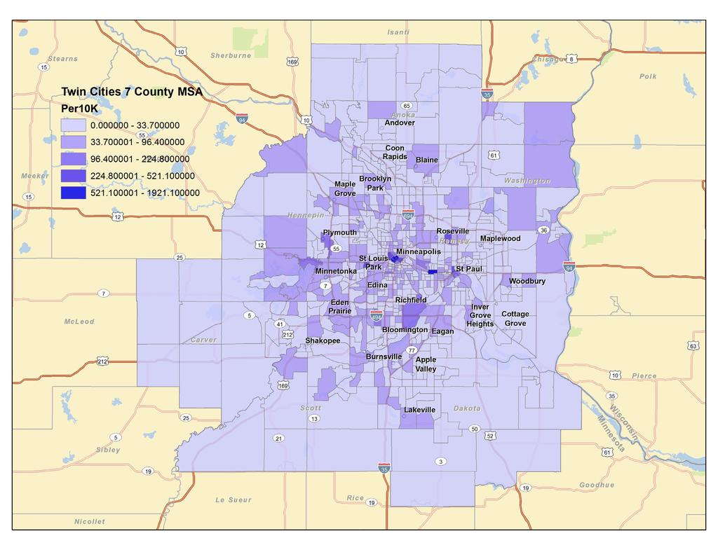 Business Filings The map below highlights per capita new business formation by census tract in this year s second quarter in the 7-county Twin Cities planning area.