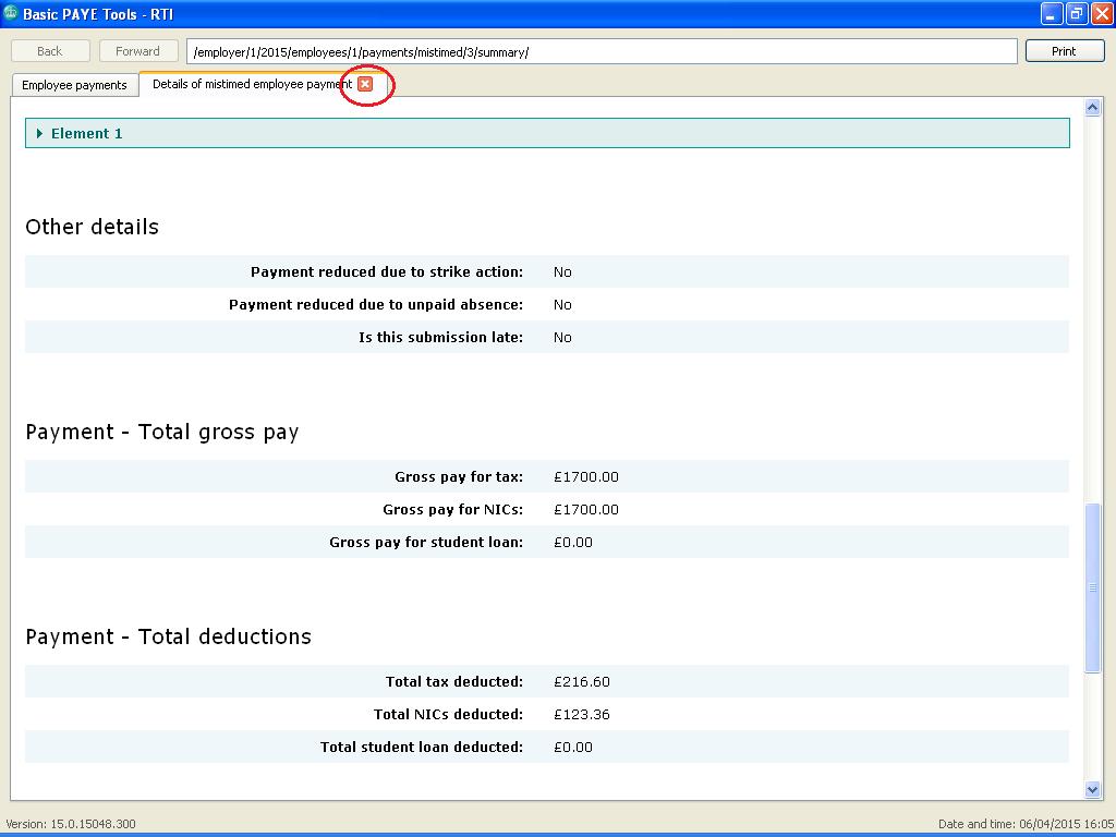Select 'View' from the centre of the screen - as shown below. This will display the 'Details of mistimed employee payment'.