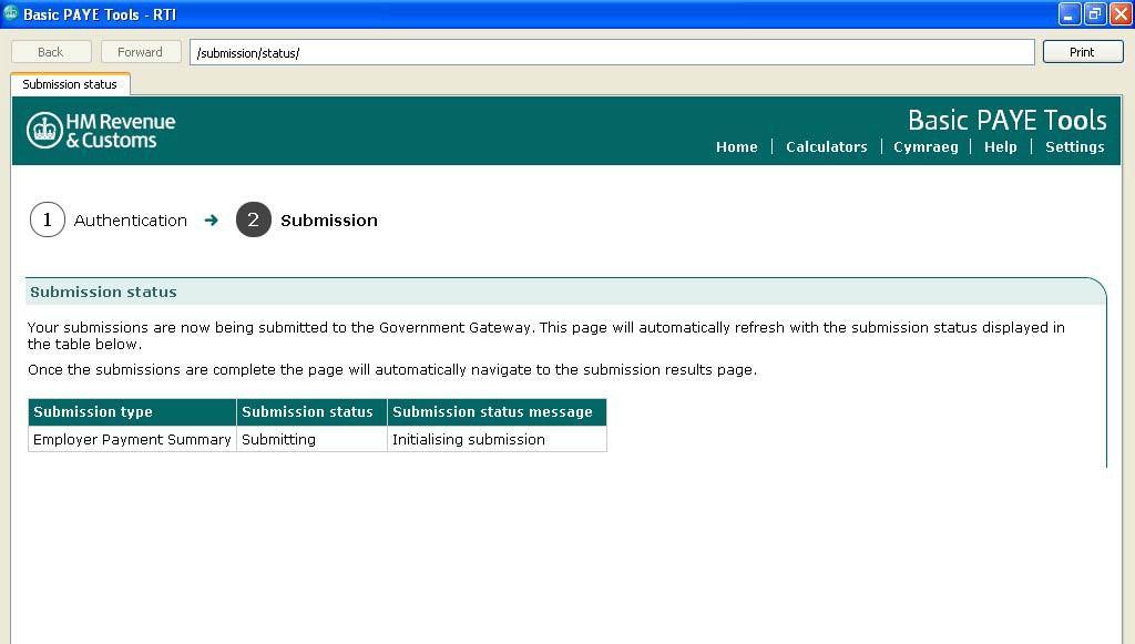 The next screen indicates that the message is in the process of being sent to the Government Gateway.