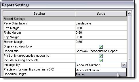 CUSTOMIZING THE SHARE RECONCILIATION REPORT ARRANGING PORTFOLIOS By default, the Share Reconciliation report is arranged by portfolio name.