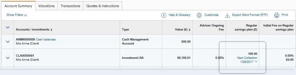 Existing regular savings instructions can be viewed from the Account Summary screen.