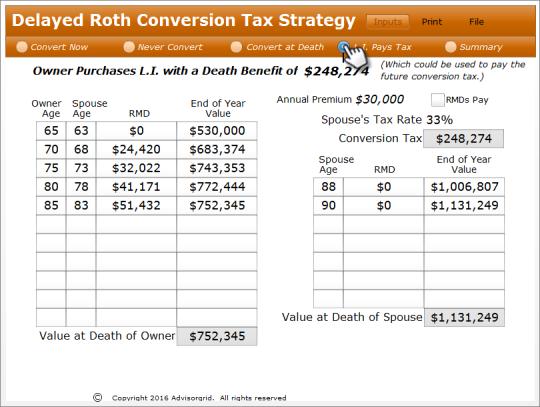 The fourth screen is accessed by clicking the button labelled L.I. Pays Tax. This screen illustrates the strategy of using a life insurance death benefit to pay the conversion tax.
