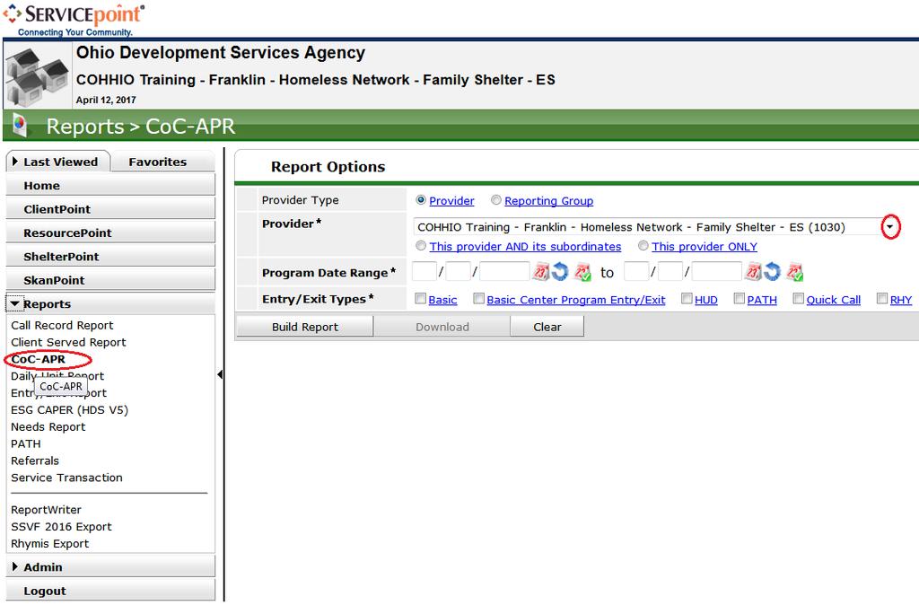 The New APR The new APR is not in ART anymore! To run it, log into ServicePoint, click the triangle next to Reports. Click CoC-APR (circled in red) Choose the project you are running the report on.