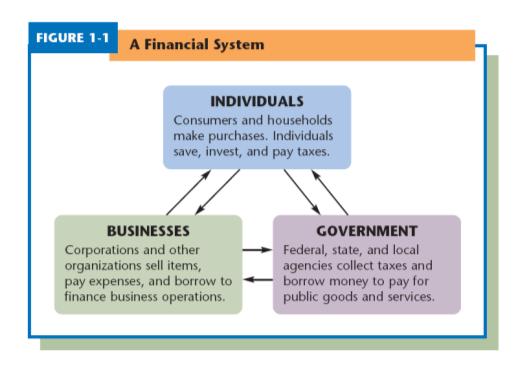 Finance in Society Participants In Financial Systems financial system financial relationships between people, businesses and governments saving spending paying taxes