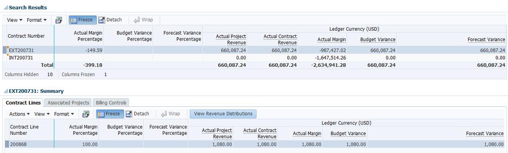 The search results will display the total revenue of all projects associated to a specific contract. TIP: You can select the Advanced button criteria.