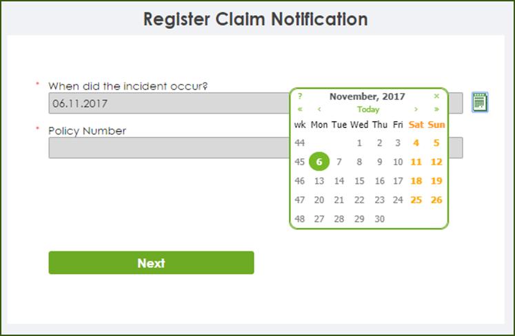 When registering a claim, the date of loss must be in the following format: DD.MM.YYYY OR you may select the date of loss from the calendar tool.