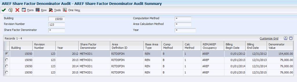 Reviewing the AREF Share Factor Denominator Audit Figure 10 1 AREF Share Factor Denominator Audit Summary form REM/AREF Occupancy Depending on the setting of the Use Occupancy Data From processing