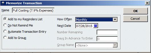 Simply enter that amount into the search box and locate the entry. Memorizing Transactions: Let s say you want a reminder to enter a full costing estimate each month.