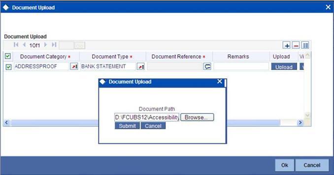 Here, you need to specify the following details: Document Category Specify the category of the document to be uploaded. Document Type Specify the type of document that is to be uploaded.