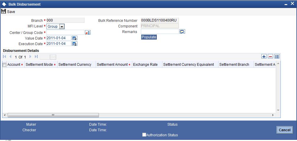 You can capture in bulk details of loans disbursed manually at different microfinance levels (Group/Center) using the Bulk Manual Disbursement screen.