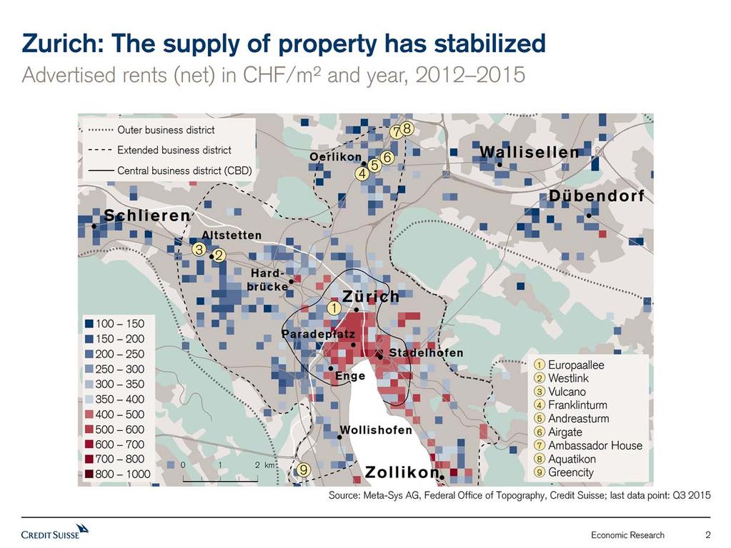 Oversupply will not be alleviated The median advertised rent in Zurich's central business district (CBD) has now reached a price level of CHF 450/m² net.