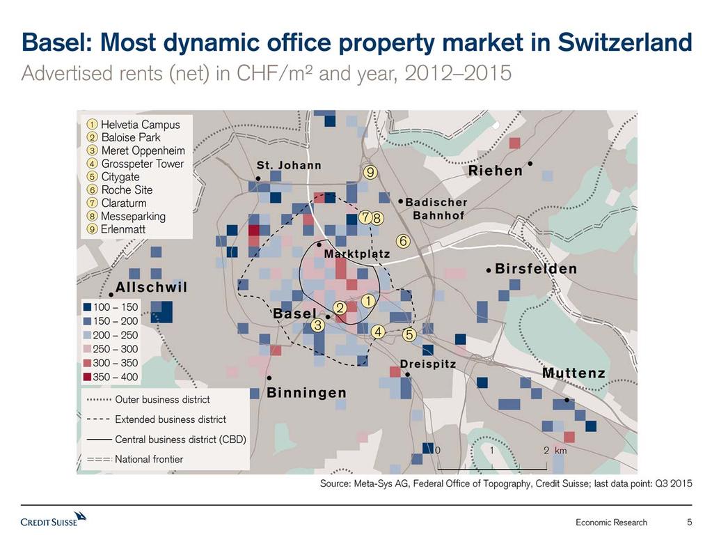 Basel high-rise fever continuing With an area-weighted average net rent of CHF 222/m², Basel, alongside Berne, is the least expensive major center in terms of office property prices.