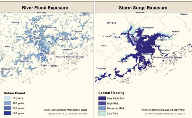 Demand for natural catastrophe re/insurance will increase with rising value concentration River flood exposure and storm surge exposure in China's Pearl River Delta Source: Swiss Re GEO Services In