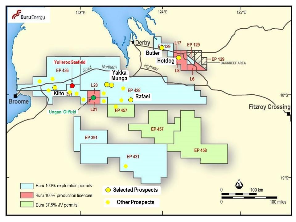 Map of selected exploration prospects Yulleroo Gasfield review Subsequent to the transaction with Mitsubishi, Buru Energy has title to 100% of the Yulleroo Gasfield and the gas resources in the other