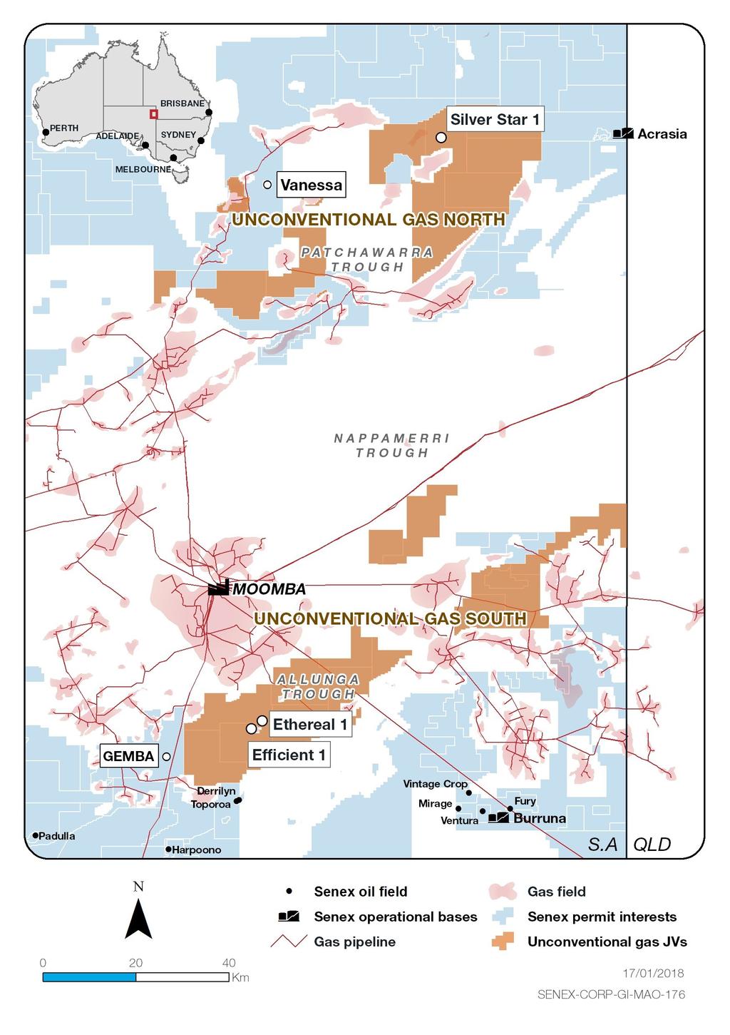 ly Report EAST COAST GAS BUSINESS COOPER BASIN Exploration and Development Vanessa gas field Senex is on track to bring the Vanessa gas field (PEL 182: Senex 57% and operator) online in Q4 FY18,