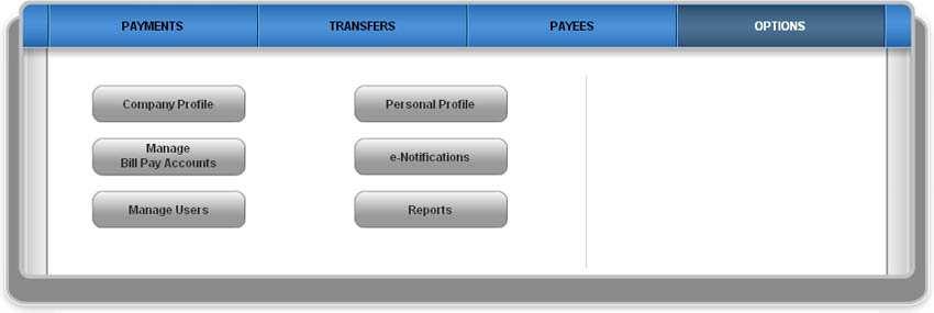 Options Tab On the Bill Pay Options Tab, you can manage the following functions: Company Profile Manage Bill Pay Accounts