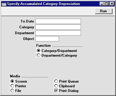 Chapter 1: Assets - Reports - Accumulated Category Depreciation initially print to screen and subsequently send the report to a printer using the Printer icon.