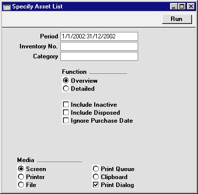 Chapter 1: Assets - Reports - Asset List Asset List This report lists the Assets in the selection, showing for each most of the information stored in the Asset register.