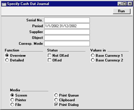 Chapter 2: Cash Book - Reports - Cash Out Journal Cash Out Journal This report is a chronological listing of the records entered to the Cash Out register during the specified period.