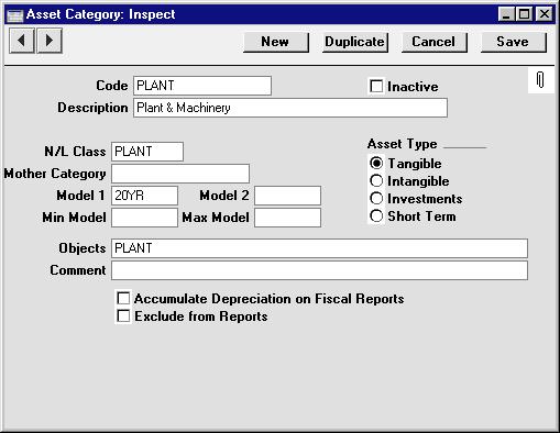 Chapter 1: Assets - Settings - Asset Categories Code Inactive Specify a unique code, by which the Asset Category may be identified from the various registers and reports in the Assets module.