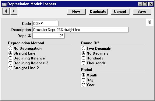 Hansa Financials and HansaWorld Depreciation Models In this setting, different Depreciation Models can be defined. One or two of these Models can be used to calculate the depreciation of each Asset.