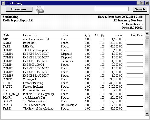 Chapter 1: Assets - Registers - Asset Status The report looks like this The Status column now takes its cue from the Status field in the grid of the Asset Status record.