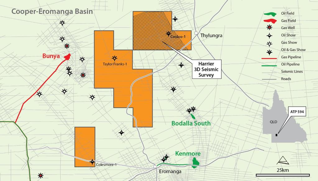 OPERATIONS Queensland Petroleum Exploration Cooper-Eromanga Basin ATP 594 ATP 594 is located on the eastern flank of the Cooper Basin approximately 140 km west of Quilpie and consists of three