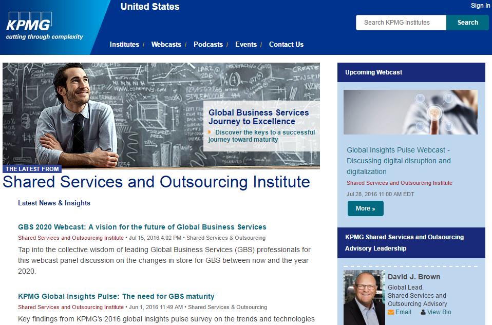 KPMG Shared Services and Outsourcing Advisory (SSOA) research Latest from the KPMG Shared Services and Outsourcing Institute GBS 2020 Webcast: A vision for the future of Global Business Services KPMG