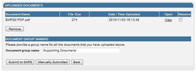 Once uploaded, the document[s] can be viewed, deleted or submitted to SARS by clicking on the appropriate buttons.