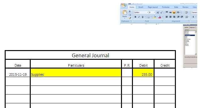 Four (4) Steps in Recording a Journal Entry: Step 2: Debits Enter the names of the accounts to be debited at the left side in the Particulars column.