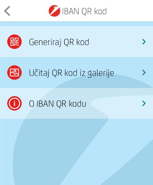 Nakon odabira računa terećenja odaberite ikonu IBAN QR kod, zatim Učitaj QR kod iz galerije ; otvorit će se kamera Vašega mobilnog uređaja pomoću koje ćete učitati prethodno primljen QR kod osobe