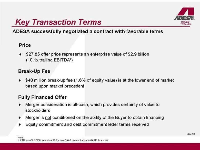 Key Transaction Terms ADESA successfully negotiated a contract with favorable terms Break-Up Fee $40 million break-up fee (1.