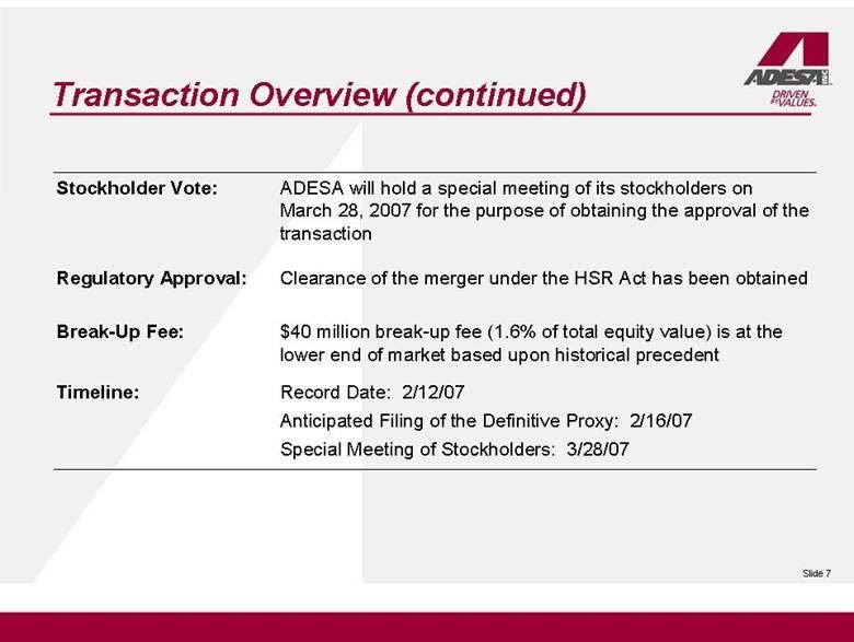 Transaction Overview (continued) Stockholder Vote: Regulatory Approval: Break-Up Fee: Timeline: Anticipated Filing of the Definitive Proxy: 2/16/07 Special Meeting of Stockholders: 3/28/07 Record