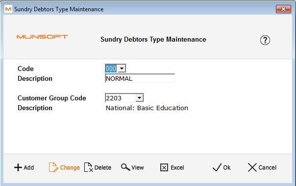 ALLIGNMENT OF SUNDRY DEBTOR ACCOUNT TYPES TO CUSTOMER GROUP CODES In this screen, you are required to assign the relevant NT customer group code (NT requirement) to each sundry debtor account types.