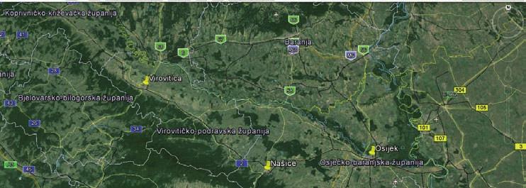 Figure 1 Geographic location of selected cities of eastern Croatia Source: Google Earth 3.