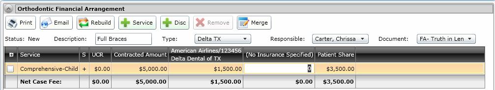 5. Click in the Contracted Amount column and enter the amount. 6. If the patient has insurance, click in the listed name Insurance column and enter the primary benefit amount.
