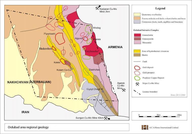 Ordubad Extensive alteration zones of porphyry style identified at Ordubad (Shekerdere), with confirmation of copper and gold mineralisation, are the subject of an extensive geochemical sampling