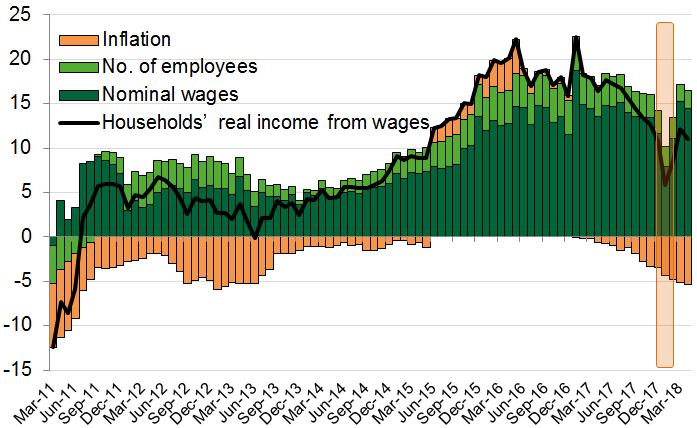 The weakness of household expenditures can be explained mainly by a setback of net nominal wage growth.
