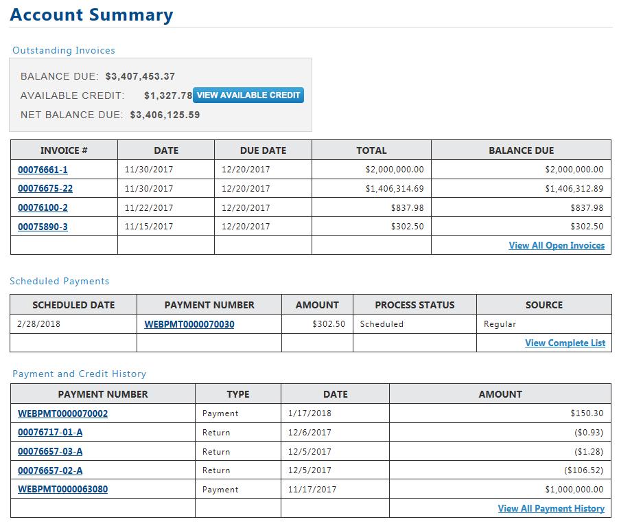 Account Summary The Account Summary page is composed of three sections: Outstanding Invoices This section provides the current Balance Due, Available Credit, and Net Balance Due; along with a listing