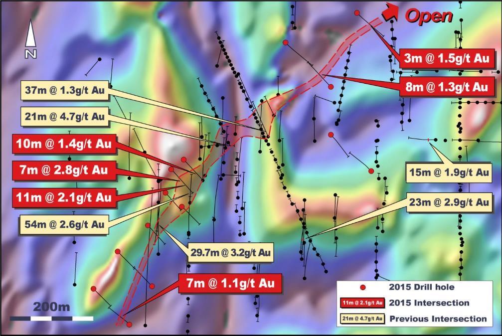 Simba Large Granite-hosted Gold System Drill hole plan superimposed on magnetic (tilt) image System defined over 1km strike open to NE with potential for multiple, parallel lodes Drill results