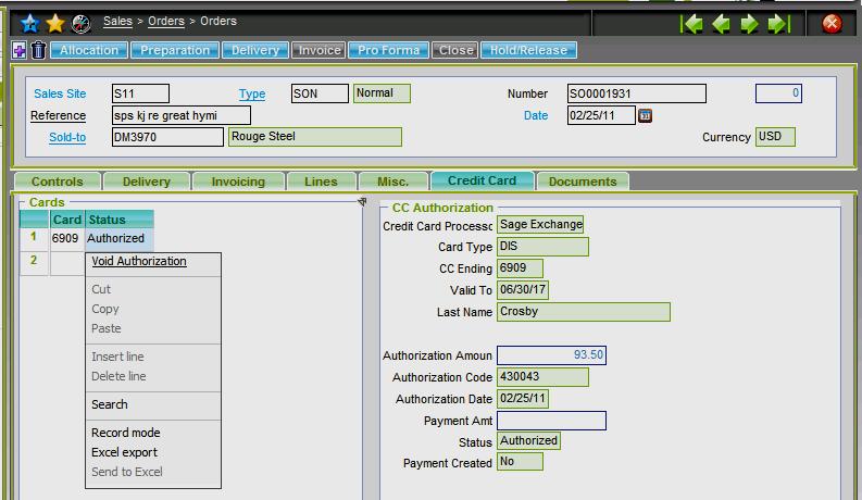 Using existing Credit Cards Once credit card addresses and card information have been stored in Sage ERP X3 / Sage Exchange Vault, new orders placed for the same Pay-by customer may reference the