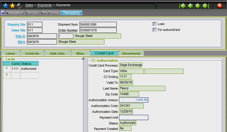 Shipments GESSDH Sage EPR X3 Credit Card V6 Sage Exchange Processing Prior to creating a shipment, X3 compares the current date with the authorization date.