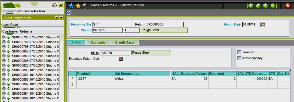 Modify the line, setting the Credit Memo flag to Yes. If the return amount varied from the original, defaulted shipment amount, change the Returned value to match the actual quantity returned.