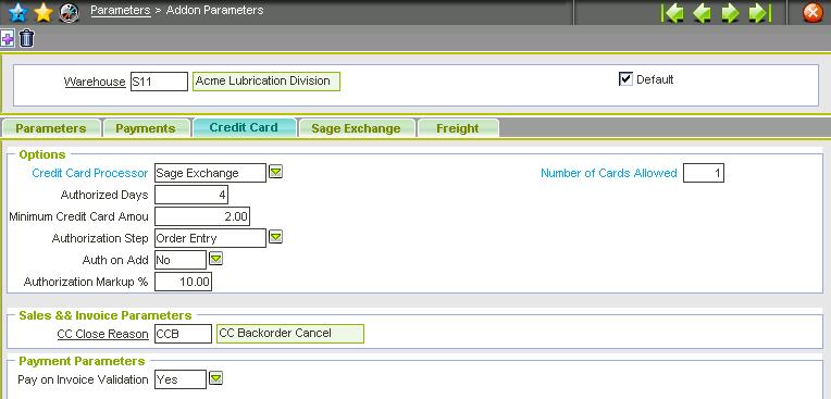 The third tab of the Addon Parameters screen, titled Credit Card, defines the options used to control how the Credit Card transactions are processed.