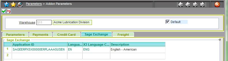 The fourth tab, titled Sage Exchange defines the data used to integrate with Sage Exchange (SPS). Sage Exchange Application ID: Alphanumeric number associated with the Sage Exchange SPS application.